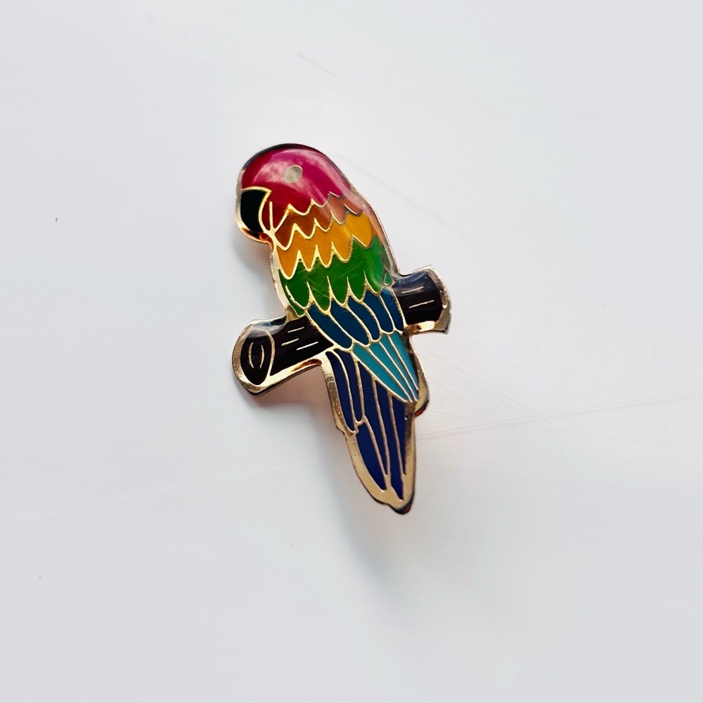 Vintage Parrot Enamel Brooch Red Orange Yellow Green Blue Design